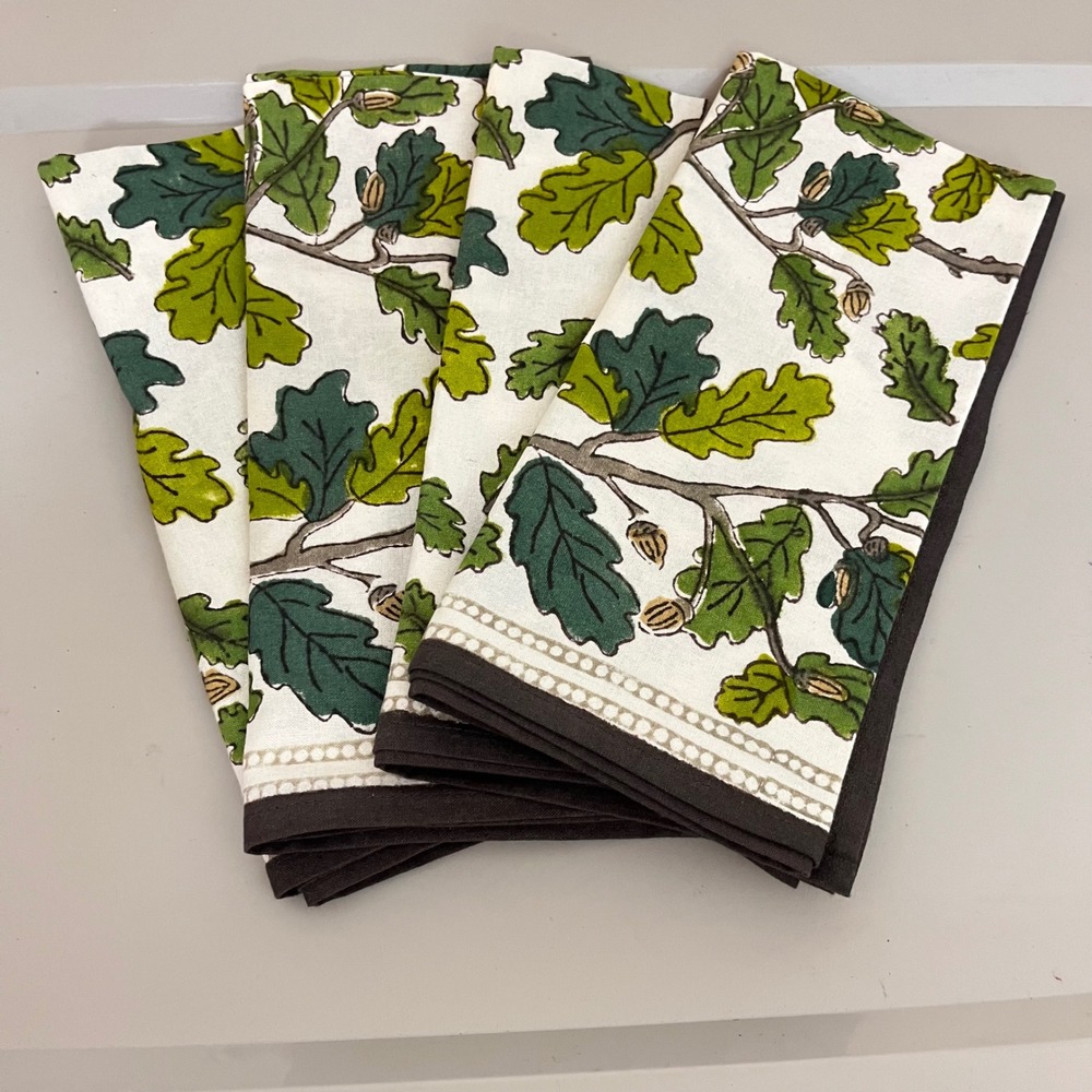 Pomegranate Set 4 Maple & Acorn Cloth Napkins Leaves Hand Block Print India NEW